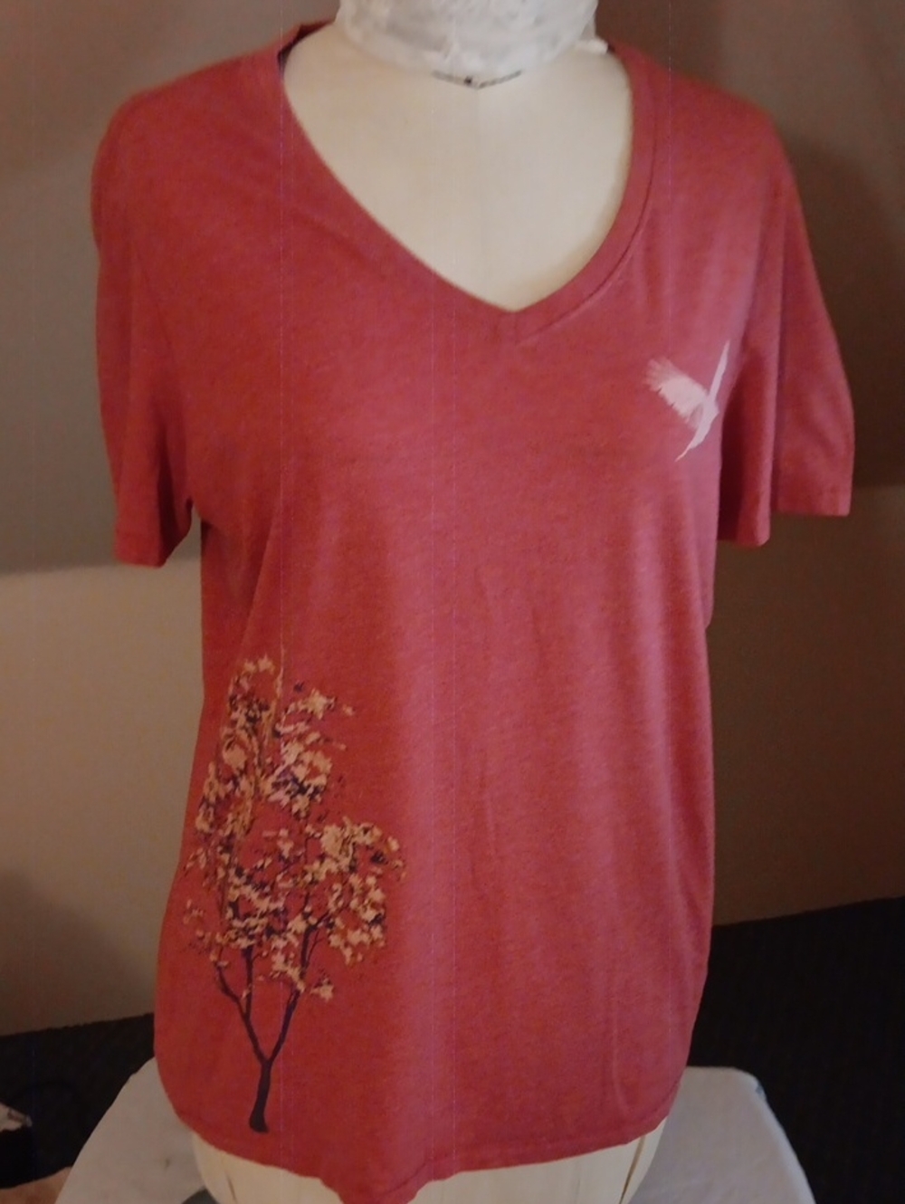 Life Is Good Cool Tee Coral V-Neck Tee with Tree & Bird Graphic